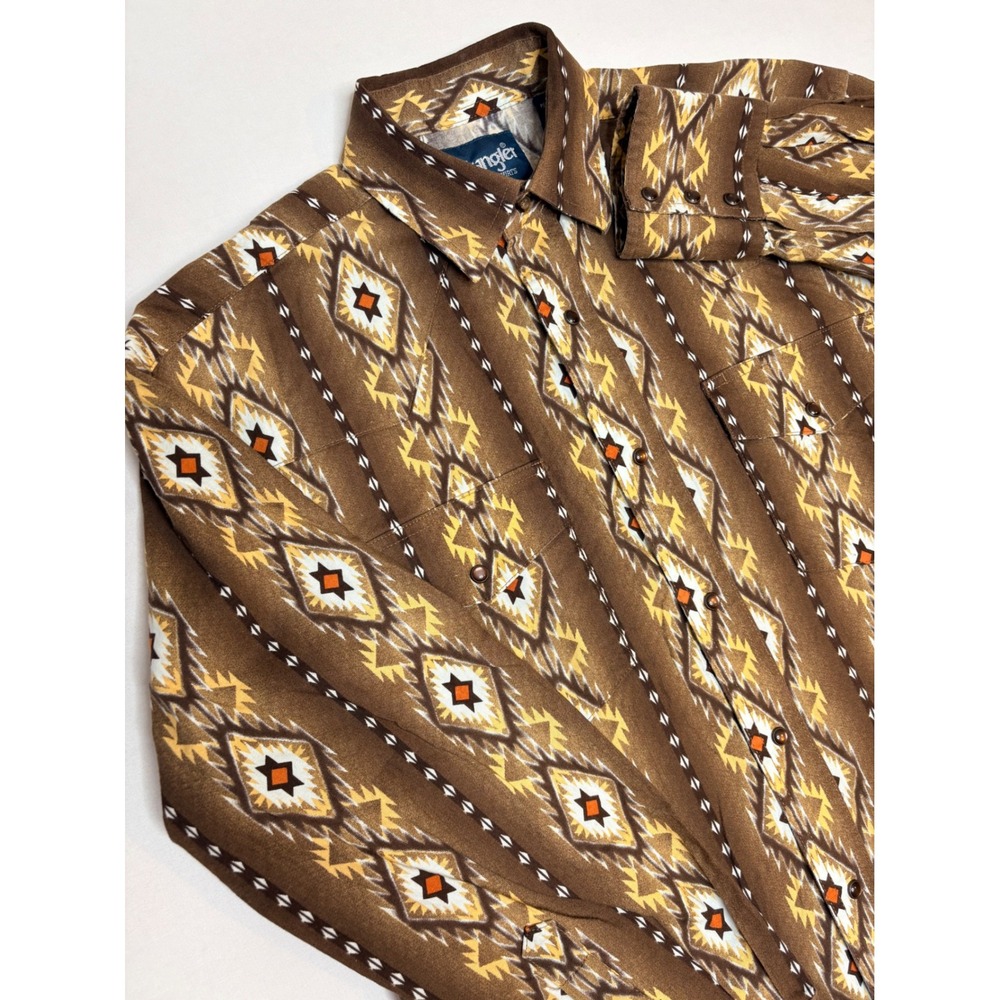 Wrangler Western Shirt Men Medium Brown Southwestern Geometric Snap Front Cotton